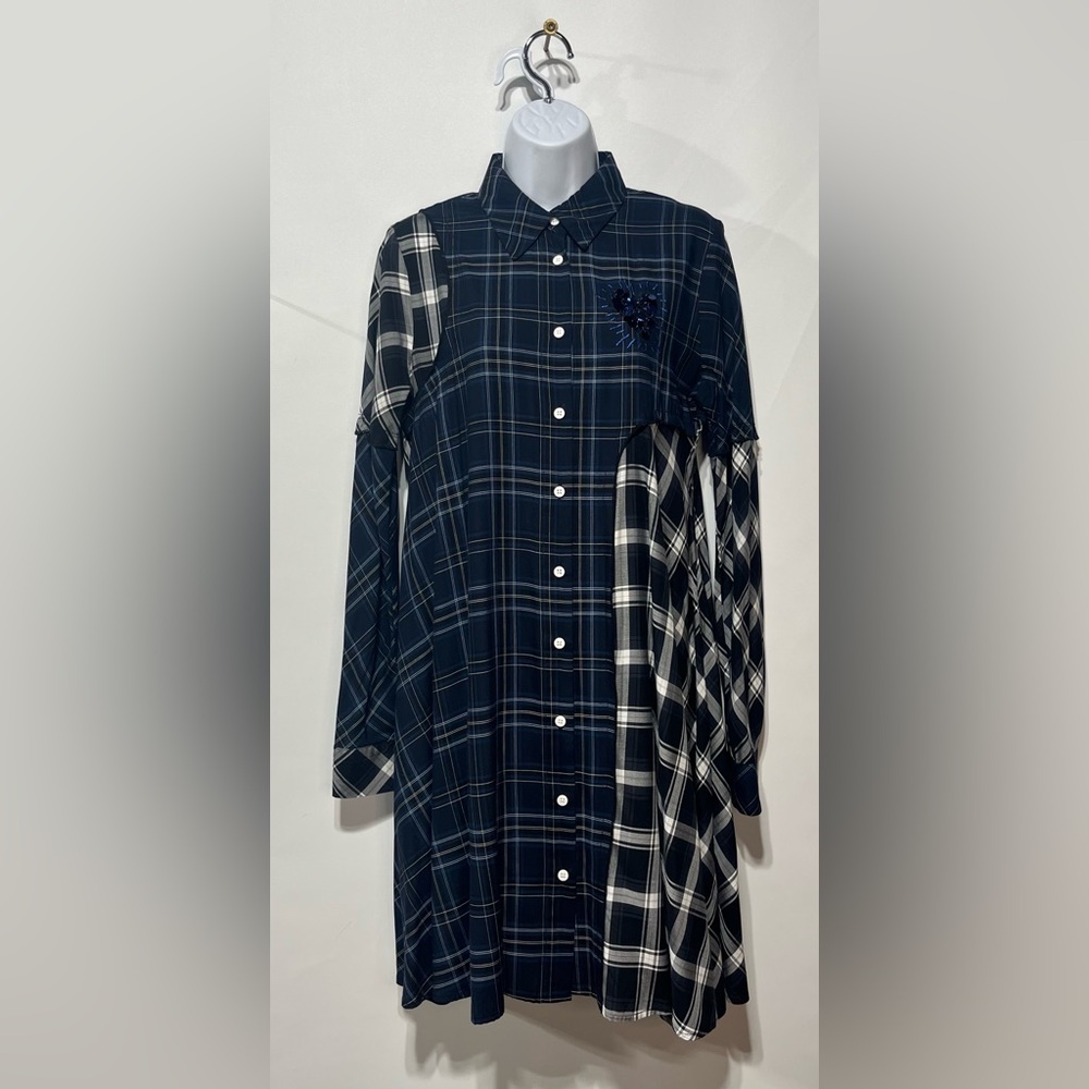 Desigual Navy, Black and‎ White Asymmetrical Button Down Plaid Dress Size Medium - Picture 3 of 11